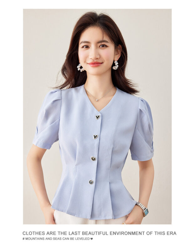 Lady Temperament V-neck Puff Short Sleeve Solid Color Slim Fit Slimming Shirt - Image 6