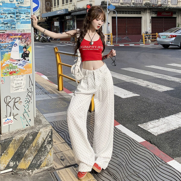 White Polka Dot Lyocell Jeans Female Pleated Design Baggy Straight Trousers - Image 4