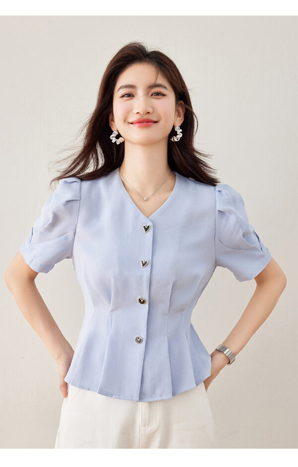 Lady Temperament V-neck Puff Short Sleeve Solid Color Slim Fit Slimming Shirt - Image 2