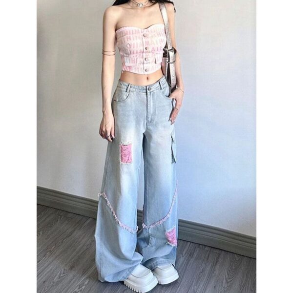 Ripped Cargo Jeans Women's High Waist Baggy Straight Trousers - Image 7