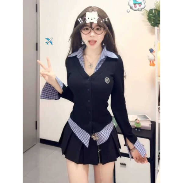 Fake Two-piece Plaid Long-sleeved T-shirt For Women Early Spring - Image 5