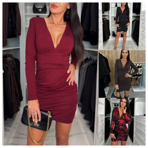 Fall V-neck Sexy Pleated Short Skirt High Waist Sheath Dress Women - Image 5