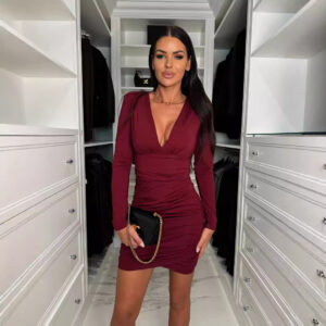 Fall V-neck Sexy Pleated Short Skirt High Waist Sheath Dress Women