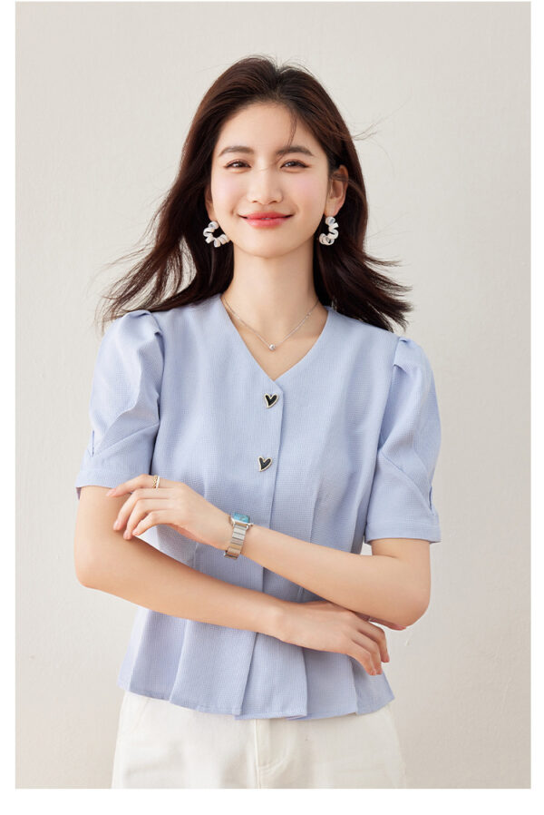 Lady Temperament V-neck Puff Short Sleeve Solid Color Slim Fit Slimming Shirt - Image 3