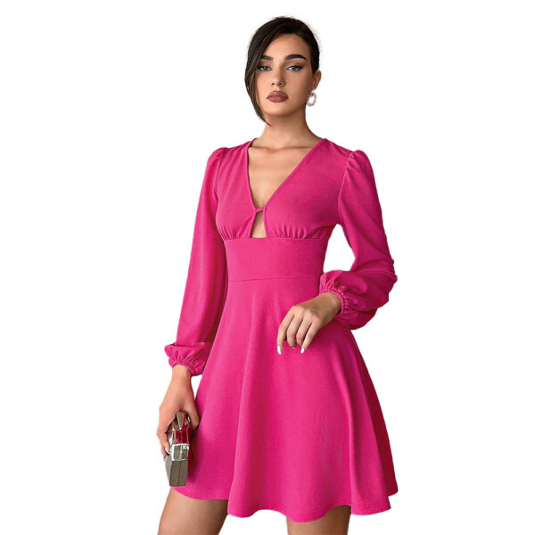 Puff Sleeve A- Line Skirt Elegant Mini Dress Women - Image 4