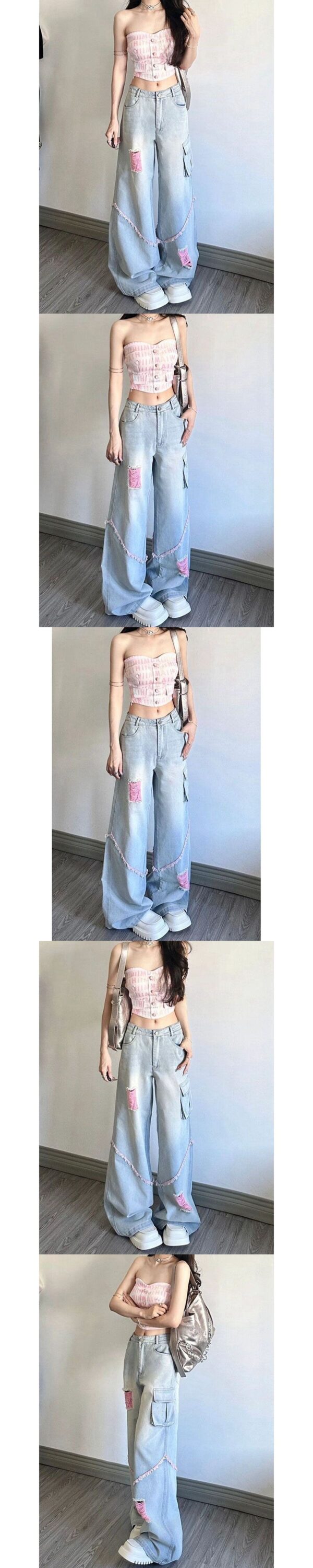 Ripped Cargo Jeans Women's High Waist Baggy Straight Trousers - Image 4