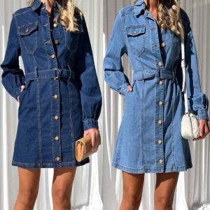 Fashion Casual Button Denim Dress Women