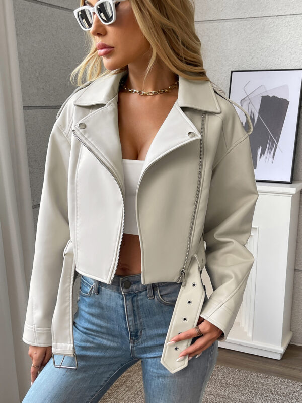 Women's Large Lapel Faux Leather Short Jacket Lady Fashion Motorcycle PU Leather Coat Casual Overcoat With Belt - Image 4