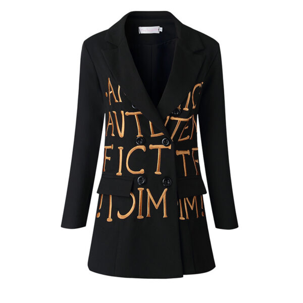 Women Black Slim-Fit Embroidered Lettering Blazer - Image 3