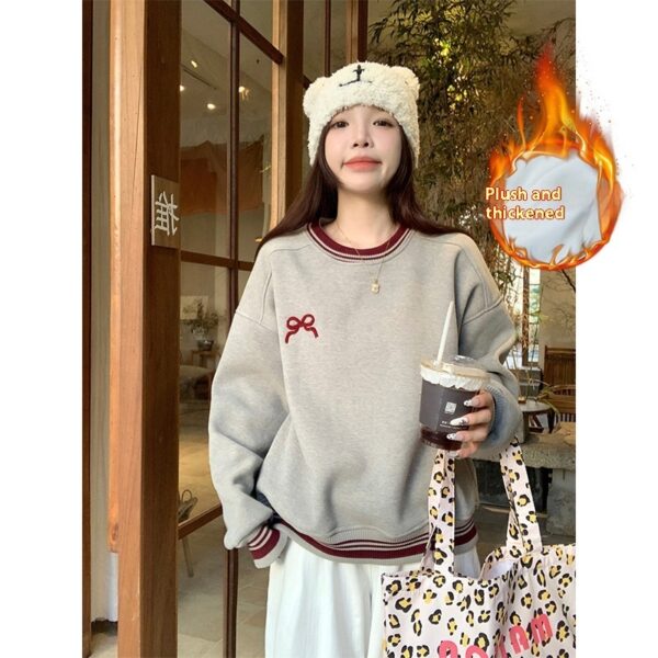 Korean Style Fleece-lined Embroidered Bow Round Neck Sweater For Women - Image 3