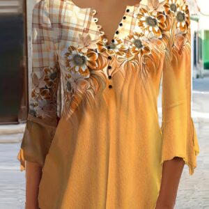 Spring And Autumn New Printed Spike Button Irregular Three-quarter Sleeve T-shirt Casual Top Yellow