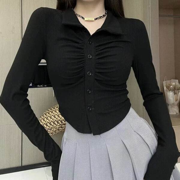 Elegant Pure Desire Polo Collar Pleated Slim Fit All-match Long Sleeve Early Autumn Short Bottoming Shirt