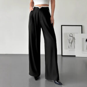 Women's Fashionable Casual Contrasting High Waisted Loose Wide Leg Pants