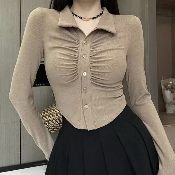 Elegant Pure Desire Polo Collar Pleated Slim Fit All-match Long Sleeve Early Autumn Short Bottoming Shirt - Image 6