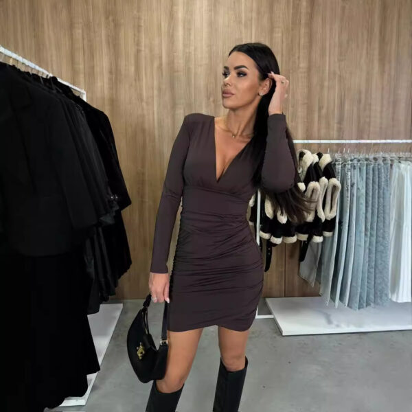 Fall V-neck Sexy Pleated Short Skirt High Waist Sheath Dress Women - Image 8