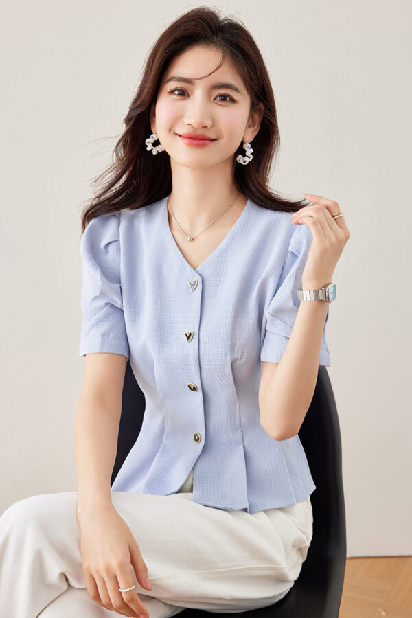Lady Temperament V-neck Puff Short Sleeve Solid Color Slim Fit Slimming Shirt - Image 4