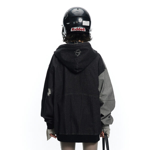 Irregular Stitching Hooded Denim Jacket Women - Image 2