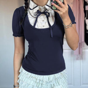 Preppy Style Bow Tie Lace-up Puff Sleeve T-shirt Age-reducing Slim Fit Pullover Lapel Bottoming Short Top