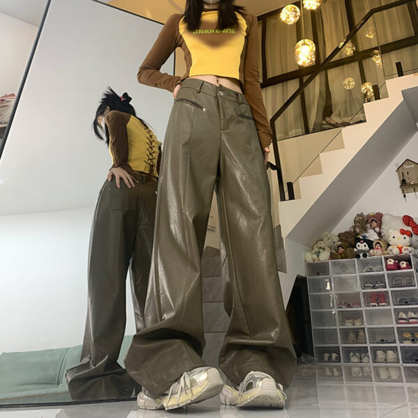 Straight Slim PU Leather Baggy Pants - Image 3