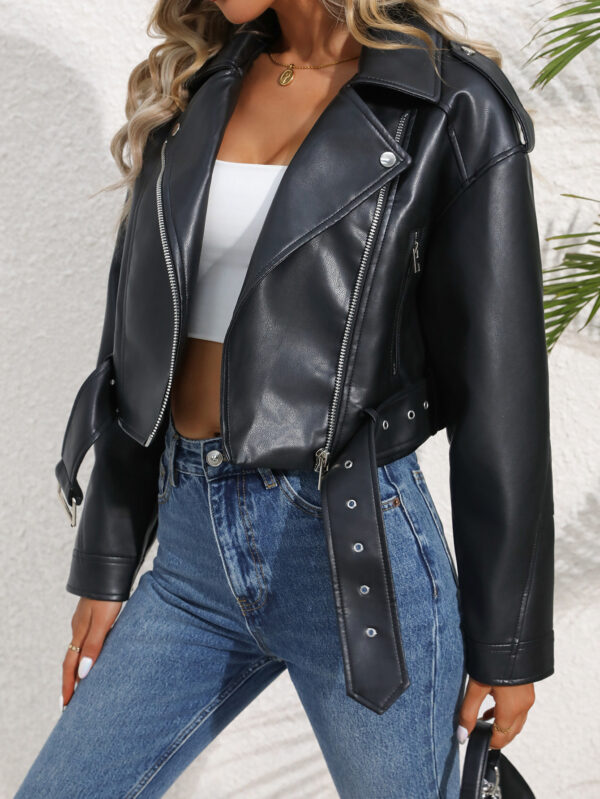 Women's Large Lapel Faux Leather Short Jacket Lady Fashion Motorcycle PU Leather Coat Casual Overcoat With Belt