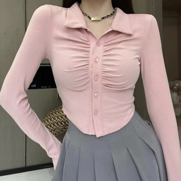 Elegant Pure Desire Polo Collar Pleated Slim Fit All-match Long Sleeve Early Autumn Short Bottoming Shirt - Image 4