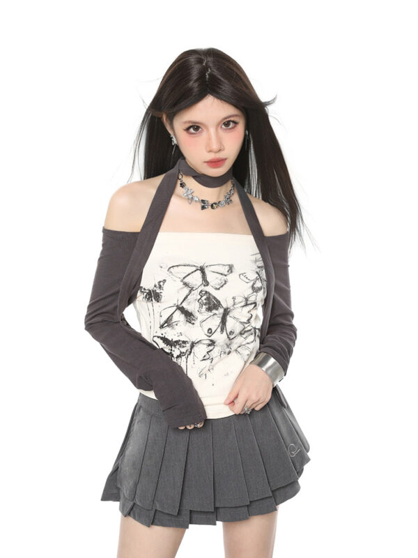Off-neck Long Sleeve T-shirt Butterfly Print Slim Fit Slimming Short Top - Image 6