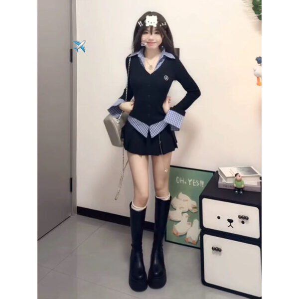 Fake Two-piece Plaid Long-sleeved T-shirt For Women Early Spring - Image 4