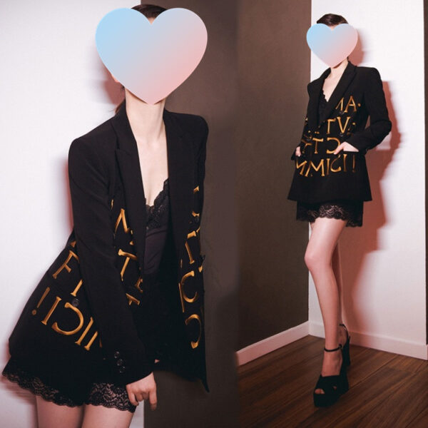 Women Black Slim-Fit Embroidered Lettering Blazer - Image 6