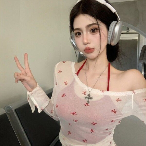 Ladies' Mesh Blouse Slim-fit Off-shoulder Top