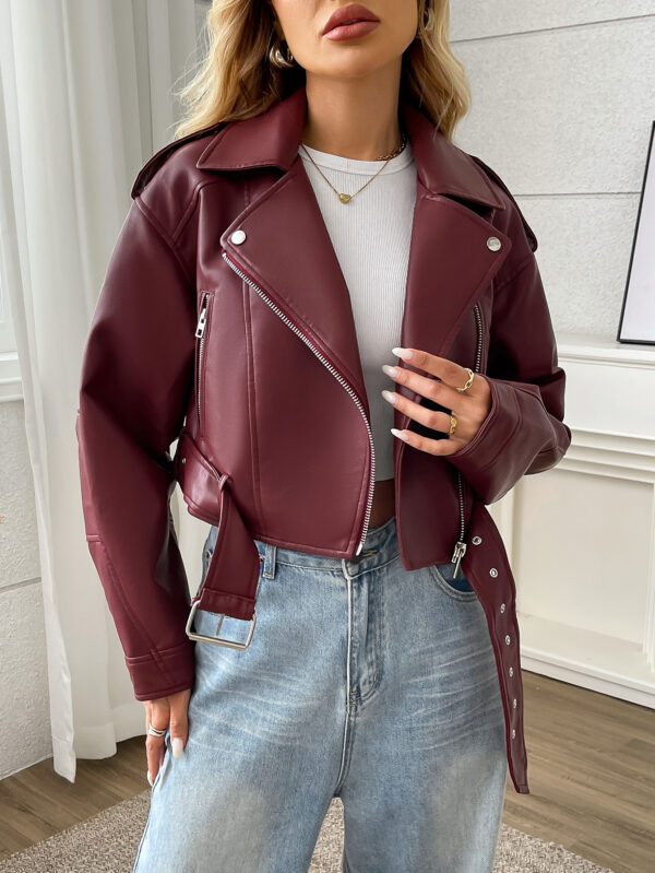 Women's Large Lapel Faux Leather Short Jacket Lady Fashion Motorcycle PU Leather Coat Casual Overcoat With Belt - Image 5