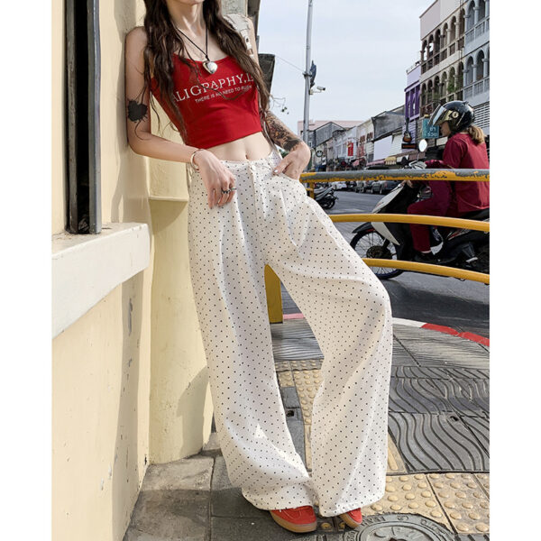 White Polka Dot Lyocell Jeans Female Pleated Design Baggy Straight Trousers - Image 3