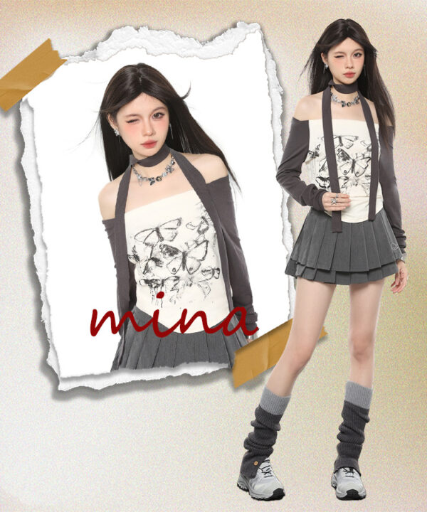 Off-neck Long Sleeve T-shirt Butterfly Print Slim Fit Slimming Short Top - Image 4