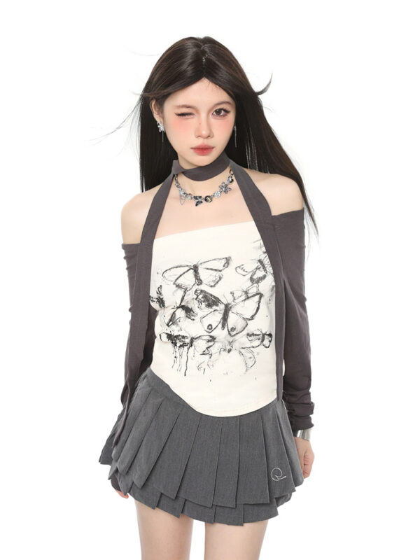 Off-neck Long Sleeve T-shirt Butterfly Print Slim Fit Slimming Short Top - Image 7