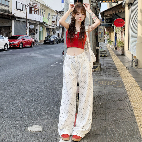 White Polka Dot Lyocell Jeans Female Pleated Design Baggy Straight Trousers - Image 5
