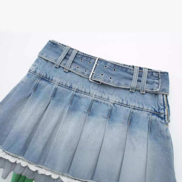 Wide Pleated Waistband Mini Denim Skirt - Image 6