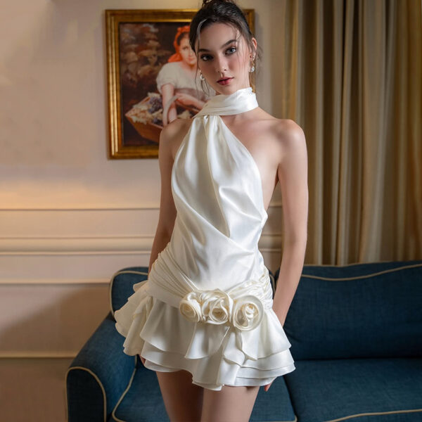 Women's Spring Sexy French Style Temperament High-grade Off-shoulder Satin Backless Dress - Image 3