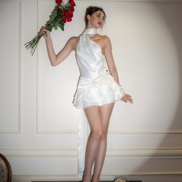 Women's Spring Sexy French Style Temperament High-grade Off-shoulder Satin Backless Dress - Image 5