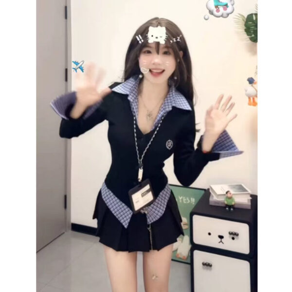 Fake Two-piece Plaid Long-sleeved T-shirt For Women Early Spring - Image 7