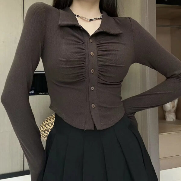 Elegant Pure Desire Polo Collar Pleated Slim Fit All-match Long Sleeve Early Autumn Short Bottoming Shirt - Image 5