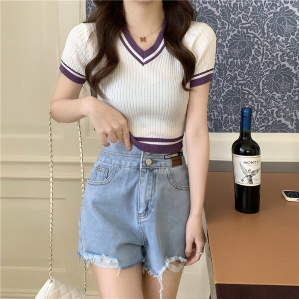 Short Slim-fit Contrast Colors V-neck Short Sleeve Knitwear T-shirt - Image 5