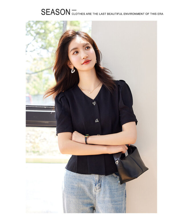 Lady Temperament V-neck Puff Short Sleeve Solid Color Slim Fit Slimming Shirt - Image 10