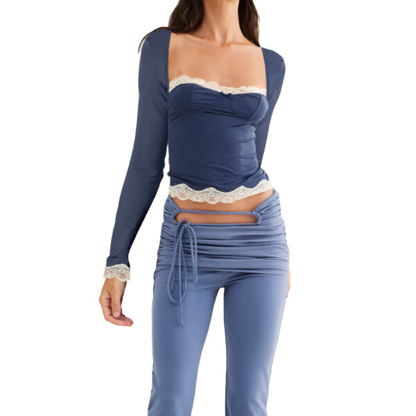 Lace Stitching Bow Long Sleeve T-shirt Slim Fit Short Bottoming Shirt - Image 3