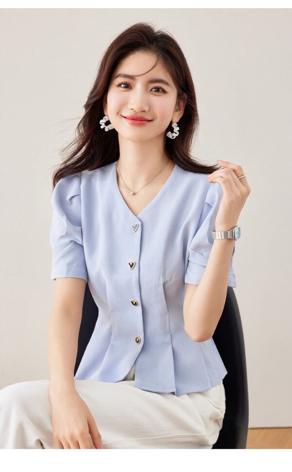 Lady Temperament V-neck Puff Short Sleeve Solid Color Slim Fit Slimming Shirt - Image 9