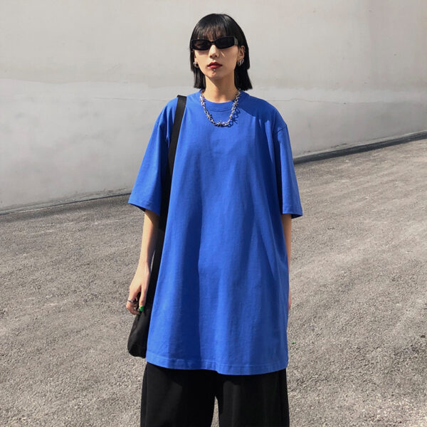 Oversize Plain Casual Round Neck T-shirt Cotton Short Sleeve - Image 2