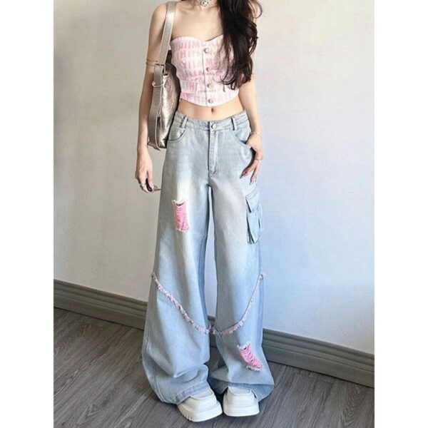Ripped Cargo Jeans Women's High Waist Baggy Straight Trousers - Image 6