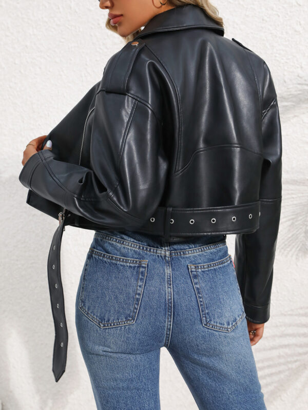 Women's Large Lapel Faux Leather Short Jacket Lady Fashion Motorcycle PU Leather Coat Casual Overcoat With Belt - Image 8