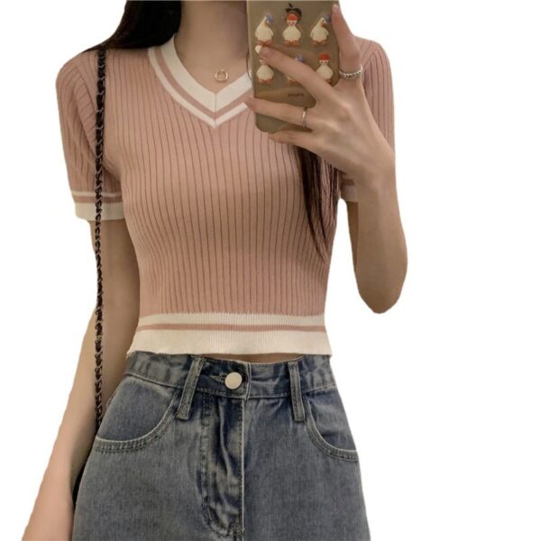 Short Slim-fit Contrast Colors V-neck Short Sleeve Knitwear T-shirt - Image 6