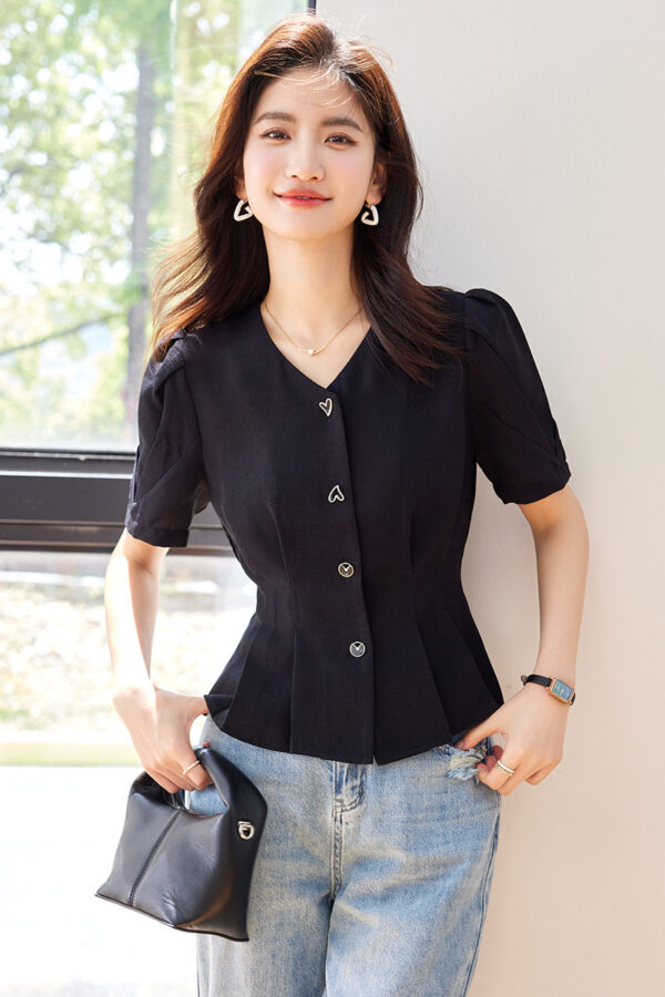 Lady Temperament V-neck Puff Short Sleeve Solid Color Slim Fit Slimming Shirt - Image 5