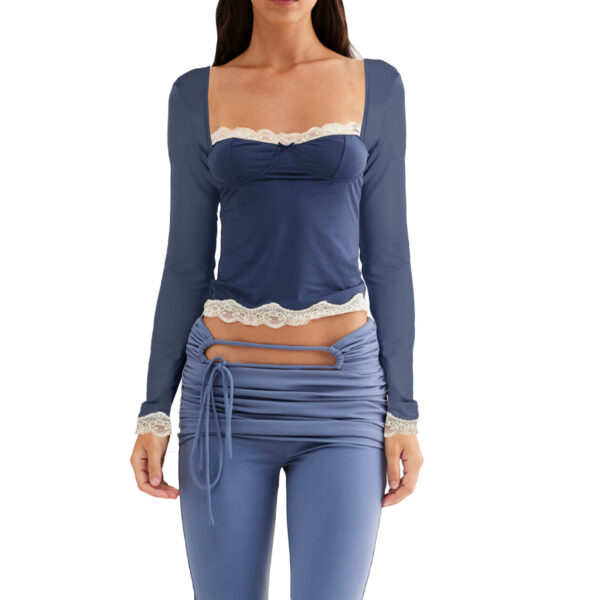 Lace Stitching Bow Long Sleeve T-shirt Slim Fit Short Bottoming Shirt - Image 4