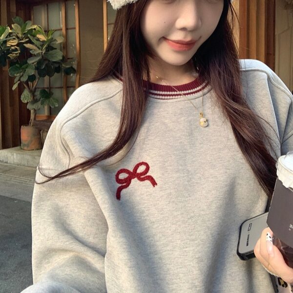 Korean Style Fleece-lined Embroidered Bow Round Neck Sweater For Women - Image 5